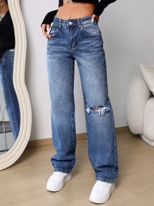 Ripped Straight Leg Jeans - Medium Wash - View 4