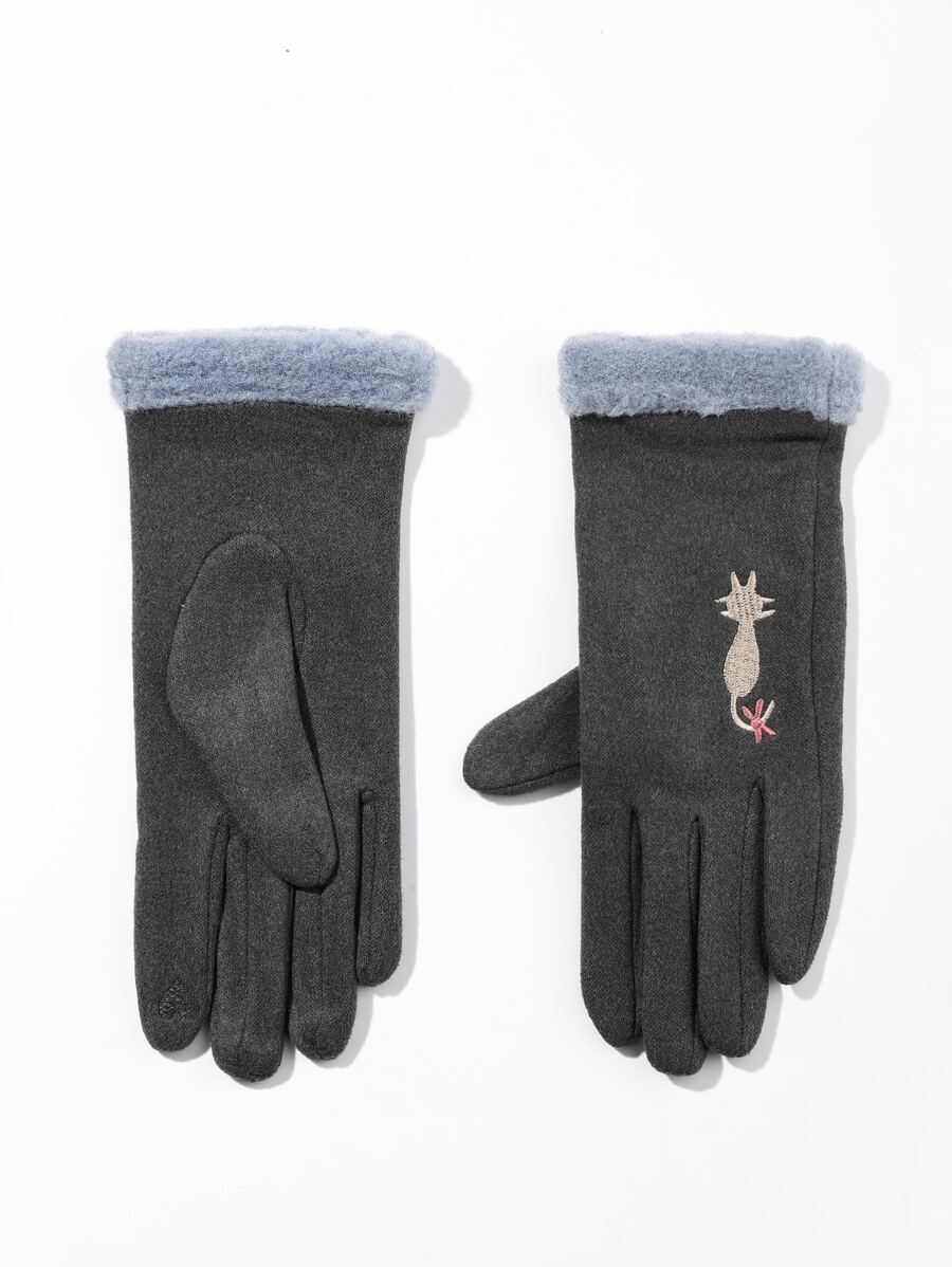 Embroidery Detail Contrast Fluffy Gloves - Dark Grey - View 1