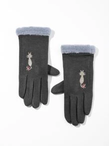 Embroidery Detail Contrast Fluffy Gloves - Dark Grey - View 2