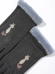 Embroidery Detail Contrast Fluffy Gloves - Dark Grey - View 3