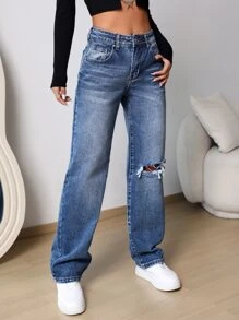 Ripped Straight Leg Jeans - Medium Wash - View 7