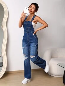 Ripped Patched Pocket Denim Dungarees Without Tube Top - Dark Wash - View 5
