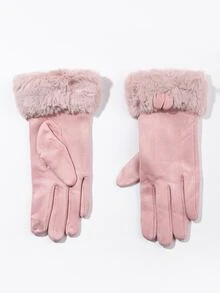 Fluffy Trim Gloves - Pink - View 1