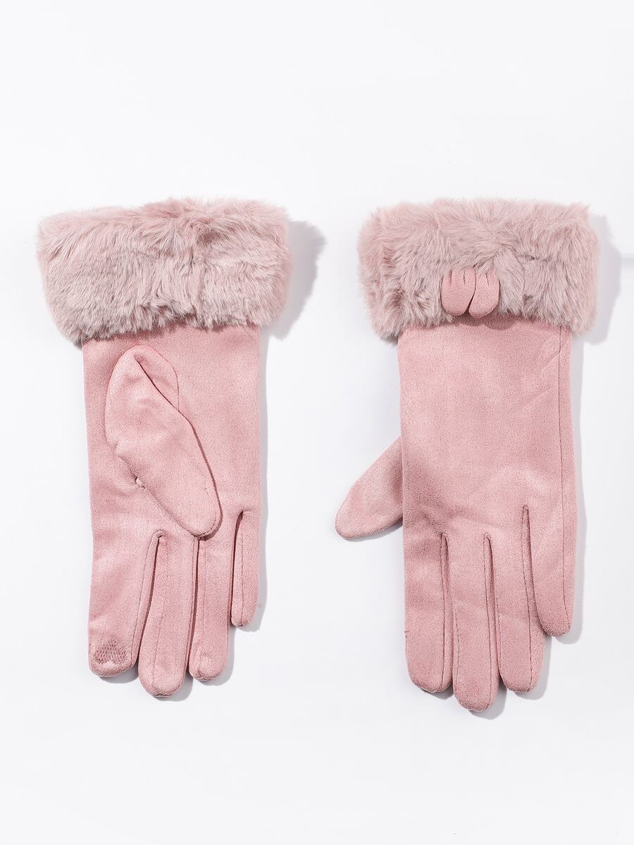 Fluffy Trim Gloves - Pink - View 1