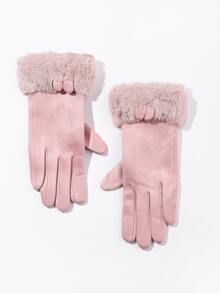 Fluffy Trim Gloves - Pink - View 2