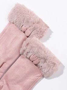Fluffy Trim Gloves - Pink - View 3