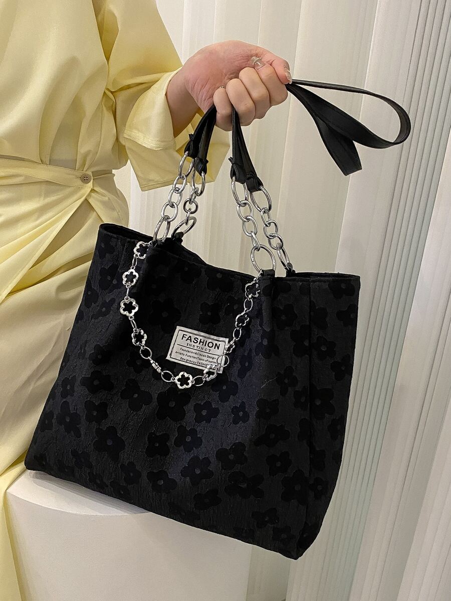 Chi tiết miếng vá họa tiết hoa Túi tote đeo vai Túi đi học dành cho sinh viên mới tốt nghiệp, cô gái tuổi teen, sinh viên năm nhất, sinh viên năm hai, trung học cơ sở và trung học phổ thông, đại học và trung học phổ thông, hoàn hảo cho hoạt động ngoài trời, du lịch và quay lại trường học - màu đen - Xem 1