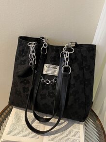 Chi tiết miếng vá họa tiết hoa Túi tote đeo vai Túi đi học dành cho sinh viên mới tốt nghiệp, cô gái tuổi teen, sinh viên năm nhất, sinh viên năm hai, trung học cơ sở và trung học phổ thông, đại học và trung học phổ thông, hoàn hảo cho hoạt động ngoài trời, du lịch và quay lại trường học - màu đen - Xem 6