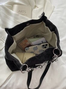 Chi tiết miếng vá họa tiết hoa Túi tote đeo vai Túi đi học dành cho sinh viên mới tốt nghiệp, cô gái tuổi teen, sinh viên năm nhất, sinh viên năm hai, trung học cơ sở và trung học phổ thông, đại học và trung học phổ thông, hoàn hảo cho hoạt động ngoài trời, du lịch và quay lại trường học - màu đen - Xem 7