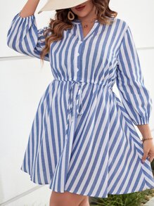 SHEIN LUNE Plus Vertical Striped Lantern Sleeve Drawstring Waist Dress - Blue - View 3