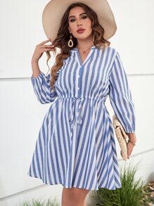 SHEIN LUNE Plus Vertical Striped Lantern Sleeve Drawstring Waist Dress - Blue - View 6