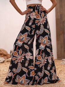 SHEIN VCAY Plants Print Tie Front Wide Leg Pants