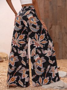 SHEIN VCAY Plants Print Tie Front Wide Leg Pants