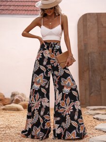 SHEIN VCAY Plants Print Tie Front Wide Leg Pants