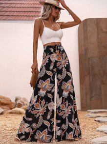 SHEIN VCAY Plants Print Tie Front Wide Leg Pants
