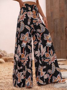 SHEIN VCAY Plants Print Tie Front Wide Leg Pants