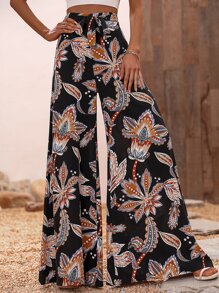 SHEIN VCAY Plants Print Tie Front Wide Leg Pants
