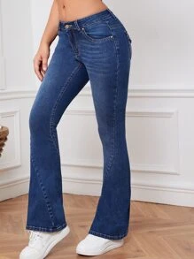 Zipper Fly Flare Leg Jeans - Dark Wash - View 3