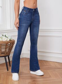 Zipper Fly Flare Leg Jeans - Dark Wash - View 4