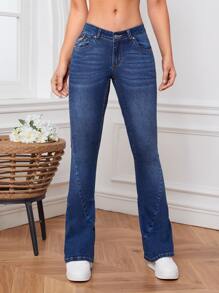 Zipper Fly Flare Leg Jeans - Dark Wash - View 5