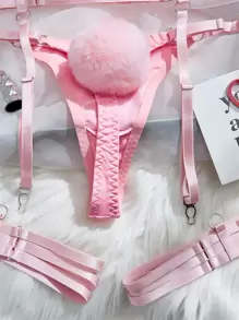 Ring Linked Cut Out Underwire Garter Lingerie Set - Baby Pink - View 7