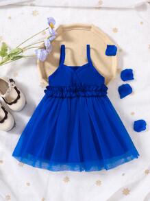 Đầm em bé Tương phản Mesh viền lá sen Xù màu trơn - Xanh đậm - Xem 1