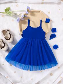 Đầm em bé Tương phản Mesh viền lá sen Xù màu trơn - Xanh đậm - Xem 2