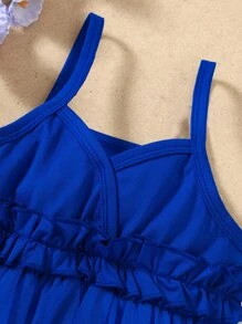 Đầm em bé Tương phản Mesh viền lá sen Xù màu trơn - Xanh đậm - Xem 3