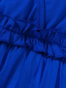 Đầm em bé Tương phản Mesh viền lá sen Xù màu trơn - Xanh đậm - Xem 4