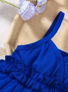 Đầm em bé Tương phản Mesh viền lá sen Xù màu trơn - Xanh đậm - Xem 5