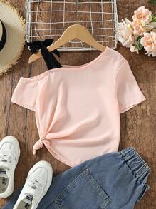 SHEIN Girls Asymmetrical Neck Knot Shoulder Blouse - Baby Pink - View 1