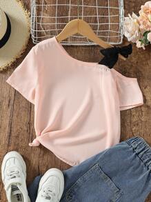 SHEIN Girls Asymmetrical Neck Knot Shoulder Blouse - Baby Pink - View 2