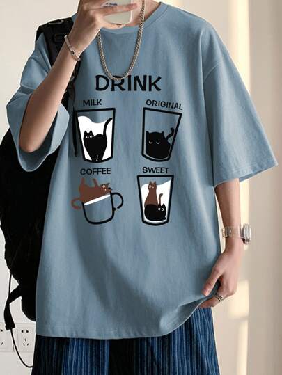 Hombres Camiseta de hombros caídos con estampado de dibujos animados y letra