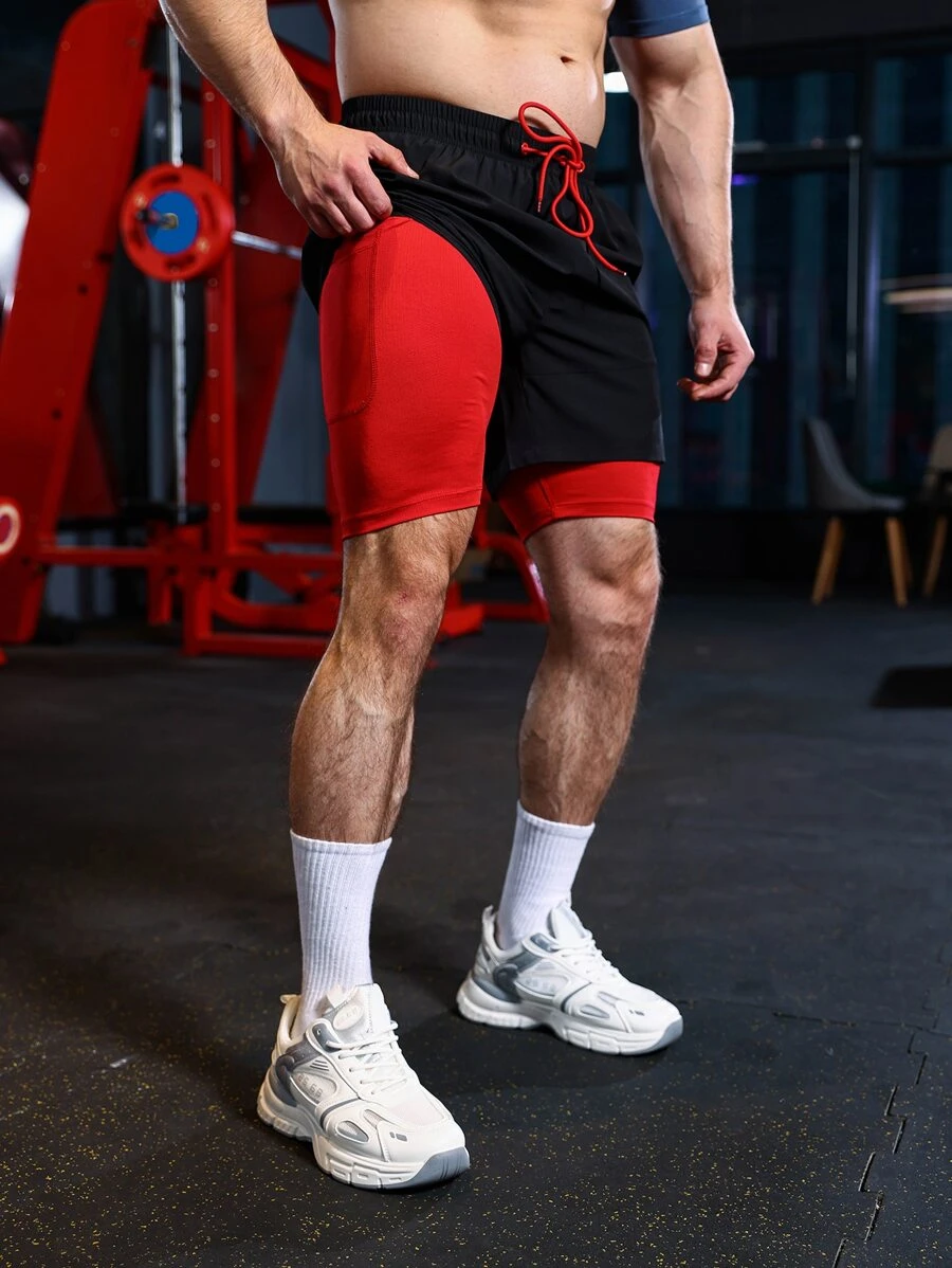 Hombres Shorts deportivos de color combinado 2 en 1 con bolsillo para teléfono - Negro - Ver 1