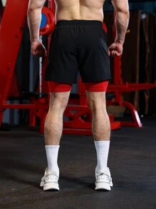 Hombres Shorts deportivos de color combinado 2 en 1 con bolsillo para teléfono - Negro - Ver 2