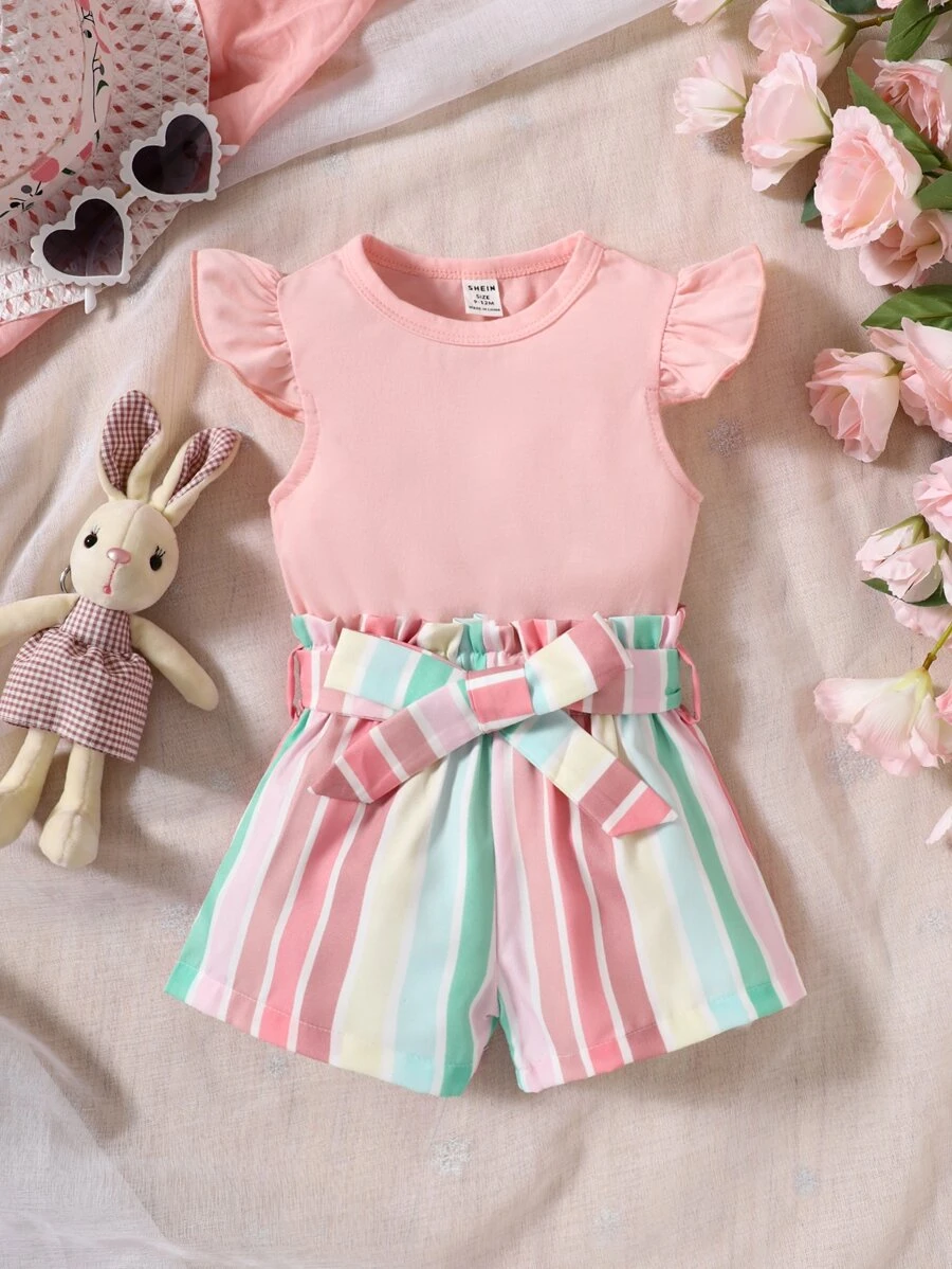 Camiseta de mangas volantes y shorts a rayas con cintura tipo saco para bebé niña - Multicolor - Ver 1