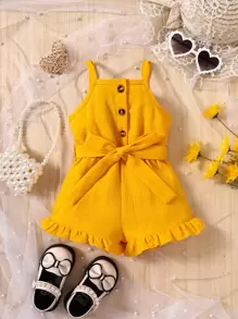 Baby Girl Button Front Ruffle Hem Cami Romper