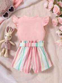 Camiseta de mangas volantes y shorts a rayas con cintura tipo saco para bebé niña - Multicolor - Ver 2