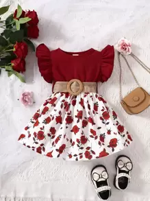 Vestido De Flores Para Niña Con Volantes Y Cinturón - Rojo y blanco - Ver 1