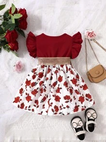 Vestido De Flores Para Niña Con Volantes Y Cinturón - Rojo y blanco - Ver 2