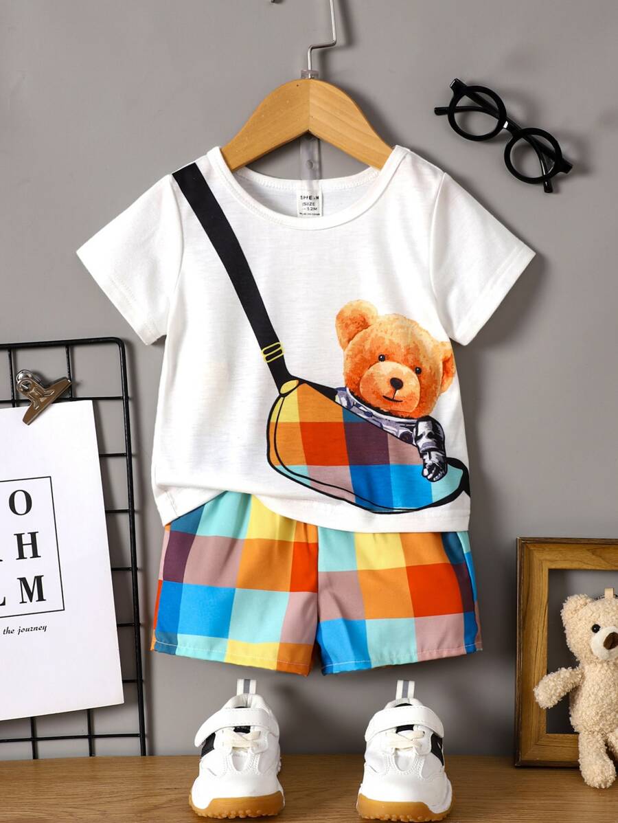 Đứa bé trai Cái túi Và In Gấu Áo thun & Đầy màu sắc Kẻ sọc Quần short - Nhiều màu - Xem 1