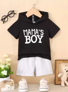 Baby Letter Graphic Hooded Tee & Shorts - Black and White - View 1