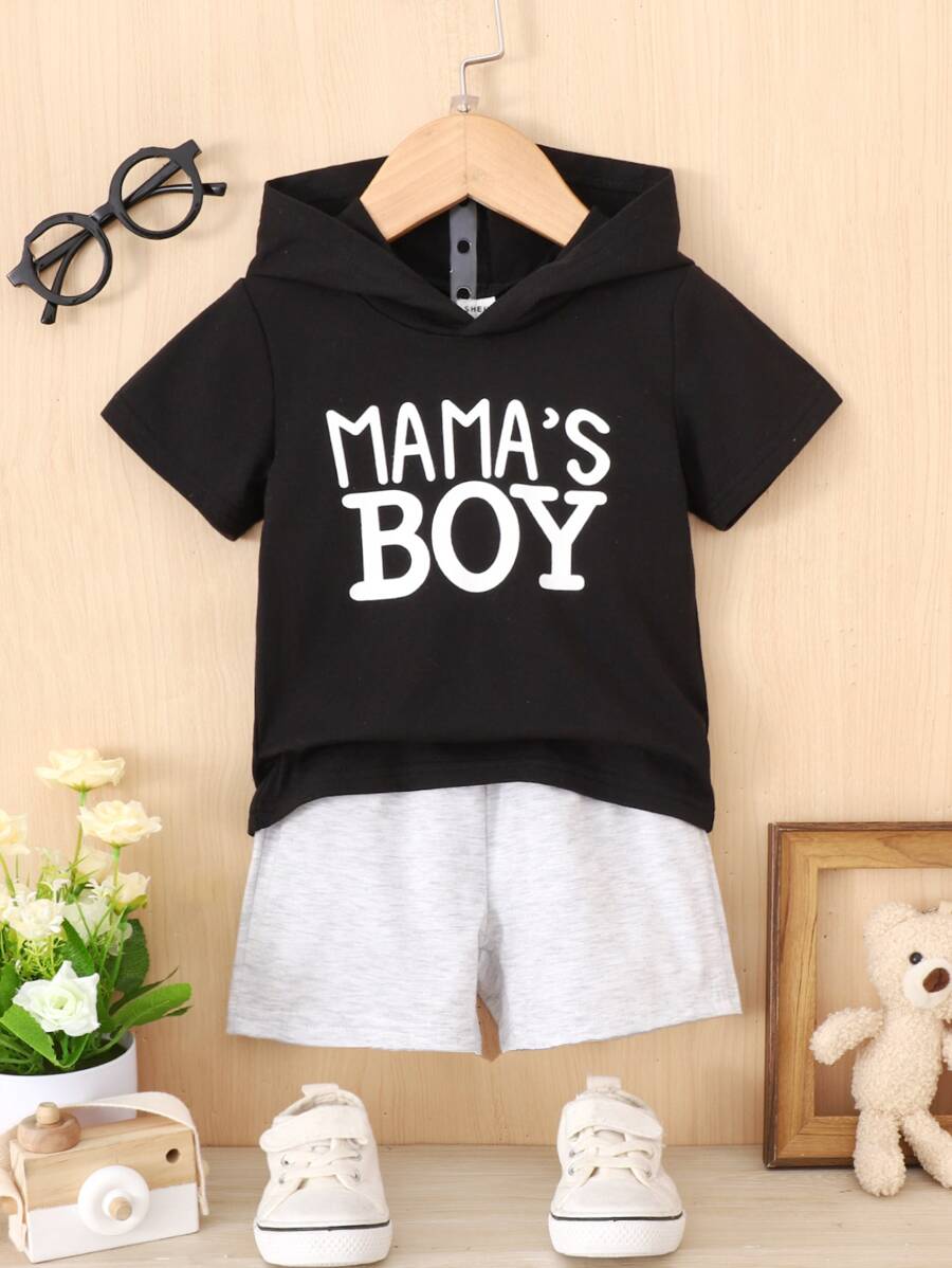 Baby Letter Graphic Hooded Tee & Shorts - Black and White - View 1