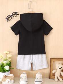 Baby Letter Graphic Hooded Tee & Shorts - Black and White - View 2