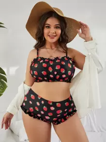 Plus Size Strawberry Print Frill Trim Bikini Set Summer Beach - Black - View 1