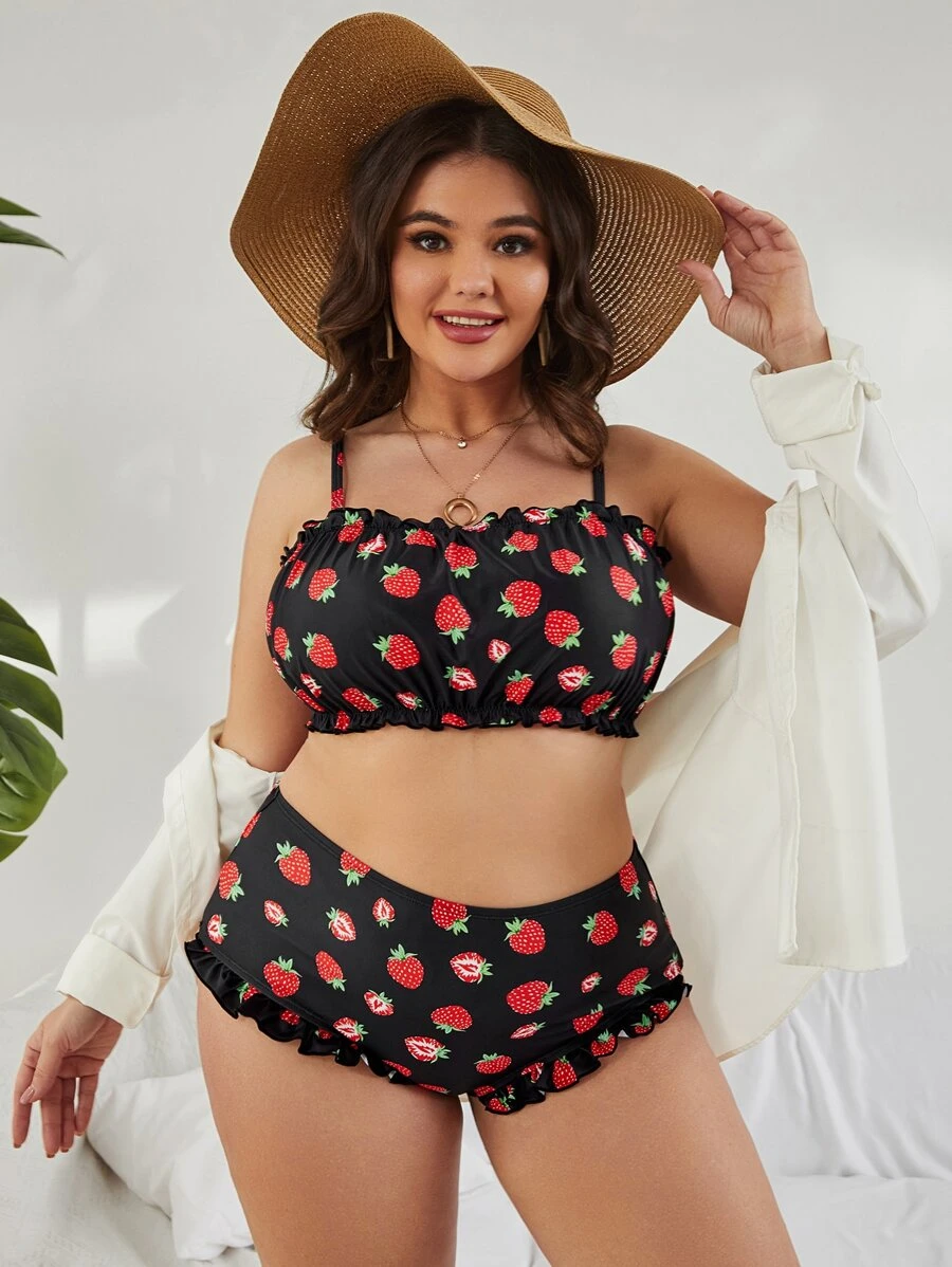 Plus Size Strawberry Print Frill Trim Bikini Set Summer Beach - Black - View 1
