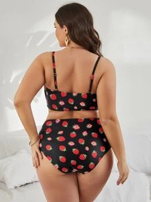 Plus Size Strawberry Print Frill Trim Bikini Set Summer Beach - Black - View 2