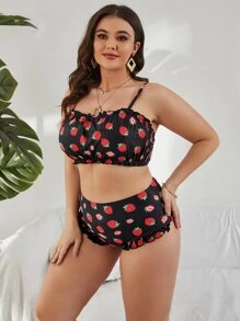 Plus Size Strawberry Print Frill Trim Bikini Set Summer Beach - Black - View 3