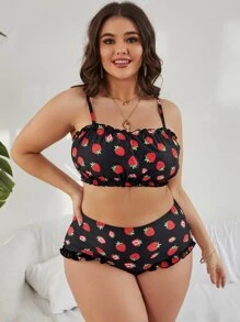 Plus Size Strawberry Print Frill Trim Bikini Set Summer Beach - Black - View 4