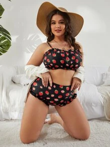 Plus Size Strawberry Print Frill Trim Bikini Set Summer Beach - Black - View 5